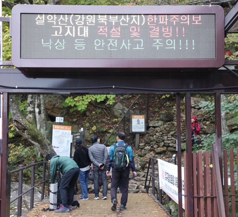 20일 오전 강원 설악산국립공원 일원에 한파주의보가 내려져 있다. 설악산국립공원사무소에 따르면 전날 오후 7시 30분부터 중청대피소에서 첫눈이 관측됐다. 연합뉴스