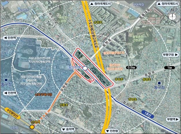사업 개발구역 지정과 개발계획 수립 절차가 인천시 도시계획위원회를 통과해 사업이 재추진 되는 동인천역 일원 개발사업 위치도. 인천시 제공.