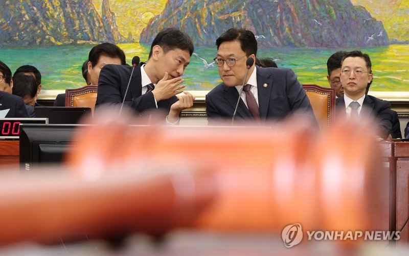 국정감사 출석해 대화하는 김병환 금융위원장과 이복현 금감원장 국정감사 출석해 대화하는 김병환 금융위원장과 이복현 금감원장 (서울=연합뉴스) 김주형 기자 = 24일 오전 열린 국회 정무위원회의 국정감사에 출석한 김병환 금융위원장(오른쪽)과 이복현 금융감독원장이 대화하고 있다. 2024.10.24 kjhpress@yna.co.kr (끝)