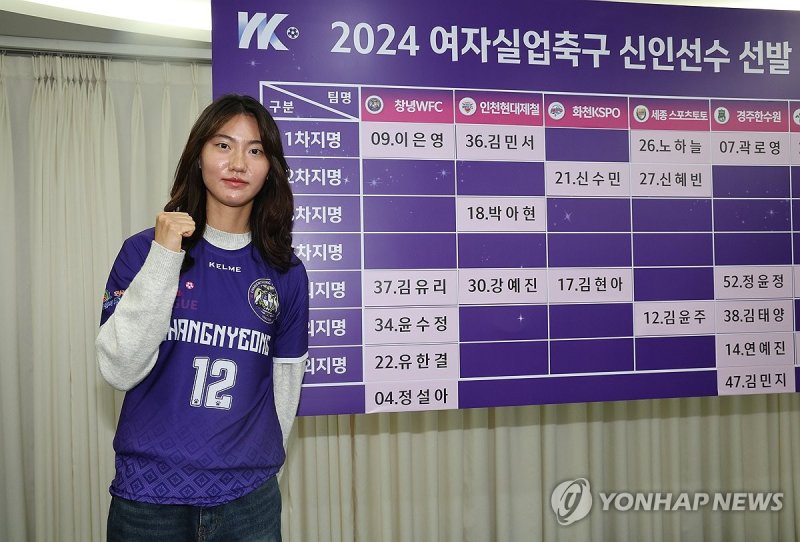 WK리그 신인선수 드래프트 1순위 이은영 WK리그 신인선수 드래프트 1순위 이은영 (서울=연합뉴스) 서명곤 기자 = 14일 오전 서울 송파구 올림픽파크텔에서 열린 2024 여자실업축구 WK리그 신인선수 선발 드래프트에서 전체 1순위로 선발된 창녕WFC 이은영이 포즈를 취하고 있다. 2024.12.14 seephoto@yna.co.kr (끝)