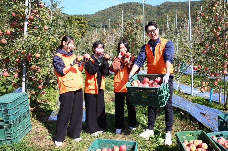 한화 임직원들이 지난 25일 경기 포천시 영중면 사과농가에서 농촌 일손돕기 봉사활동을 하고 있다. 한화 제공