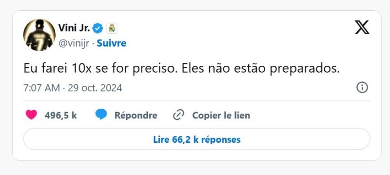 발롱도르 수상 불발의 소감을 전한 비니시우스 주니오르 [비니시우스 주니오르 SNS 캡처. 재판매 및 DB 금지]