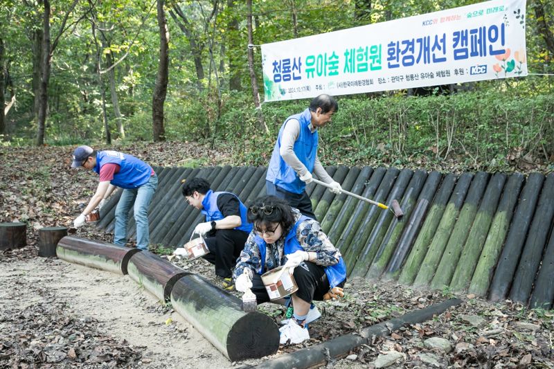 KCC와 한국미래환경협회 직원들이 지난 17일 관악구 청룡산 유아숲 체험원을 찾아 보수 작업을 진행하고 있다. KCC 제공