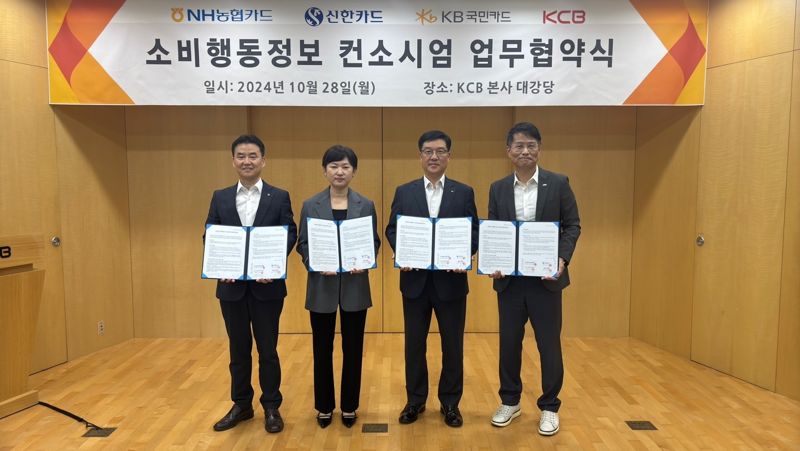 신한카드가 KCB 및 NH농협카드, KB국민카드와 함께 ‘소비행동정보 컨소시엄’ 참여 양해각서(MOU)를 28일 서울 영등포구 KCB 본사에서 체결하고, 소비행동 기반의 새로운 신용평가 시스템 구축을 위한 공동 사업을 추진한다고 29일 밝혔다. 신한카드 Data사업본부 손경미 본부장(왼쪽에서 두번째)이 NH농협카드 김용환 부사장(왼쪽에서 첫번째), KB카드 이상열 데이터사업그룹장(왼쪽에서 세번째), KCB 고현덕 CB사업부문장(왼쪽에서 네번째)과 기념사진을 찍고 있다. 사진=신한카드 제공