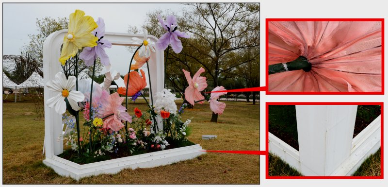 [나주=뉴시스] 이창우 기자=전남 나주시가 1336여만원을 들여 영산강 정원에 설치한 액자 모양 목재 재질의 포토존 조형물. 설치 20여 일 만에 도색 면이 뜨고(우측 확대 부분) 접합 부위는 틈이 벌어지는가 하면 조화는 꽃대가 이탈해 접착제를 바른 것도 모자라 꽃잎을 지지하는 철심은 녹이 슬어가고 있다. 2024.10.28. lcw@newsis.com