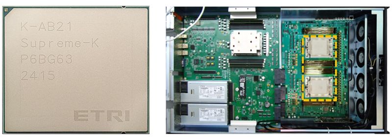 한국전자통신연구원(ETRI)이 개발한 슈퍼컴퓨터용 가속기 칩 'K-AB21'(왼쪽)과 칩 2개가 들어간 계산노드. ETRI 제공