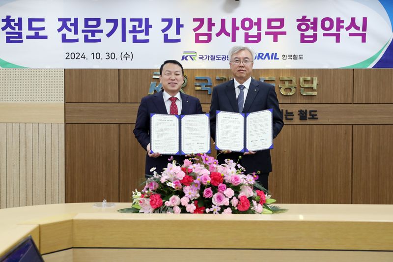 유병호 국가철도공단 상임감사(오른쪽)가 권세호 한국철도공사 상임감사위원와 30일 국가철도공단 대전 본사에서 ‘철도 전문기관 간 감사업무 공동 협약’을 맺은 뒤 기념촬영을 하고 있다.