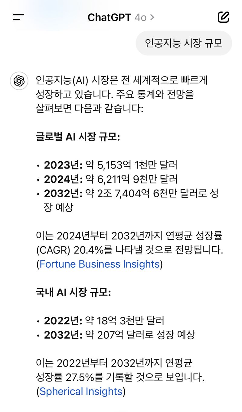 서치GPT에서 '인공지능(AI) 시장 규모' 키워드로 검색한 결과. 각 항목 별 출처가 표시되어 있다. 서치GPT 화면 캡처.