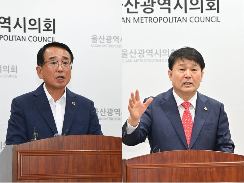 울산시의회 안수일 의원(왼쪽)과 이성룡 의원이 최근 각각 기자회견을 열고 의장 재선거에 대한 입장을 밝히고 있다. 울산시의회 제공