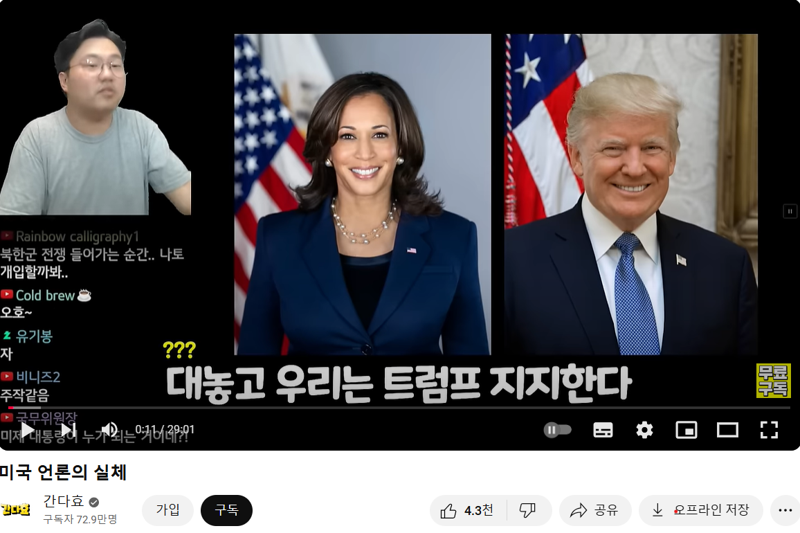 미국 언론의 특정 후보 지지는 사상, 이념을 따른다기 보다 철저하게 '돈(유료 구독자)'에 따라 움직인다고 한다. 유튜브 채널 간다효 캡처