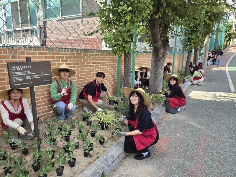 글로벌 설계·조달·시공 기업 SGC E&C가 2025 상반기 신입사원 공개 채용에 나선다. 사진은 2024년 상반기 신입사원이 지난 10월 서울 세곡초등학교에서 실시한 제4호 SGC숲 조성활동에 참여하는 모습. SGC E&C 제공.