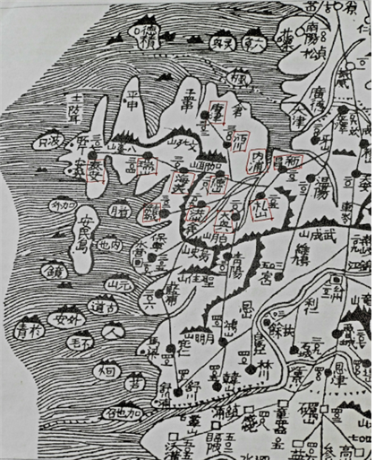 1860년대 발간된 대동여지전도. 표시된 곳들이 내포의 읍들이며 삽교천의 내만에 내포가 표시되어 있다.