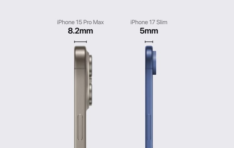 아이폰15 프로 맥스와 아이폰17 에어(슬림)의 두께 비교. (사진=유튜브 '애플 익스플레인드' 캡처) *재판매 및 DB 금지