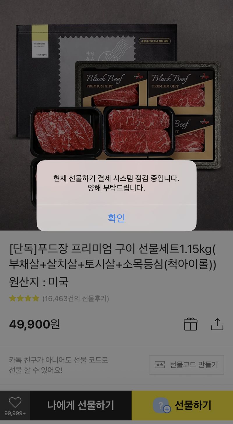 12일 카카오톡 선물하기 시스템에 오류가 발생했다. /사진= 주원규 기자