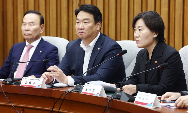 송미령 농림축산식품부 장관이 14일 오전 서울 여의도 국회에서 열린 '쌀값 안정을 위한 실무 당정 협의회'에서 인사말을 하고 있다. 오른쪽부터 송 장관, 정희용 농림축산식품해양수산위원회 국민의힘 간사, 박덕흠 의원. 2024.11.14/뉴스1 ⓒ News1 김민지 기자