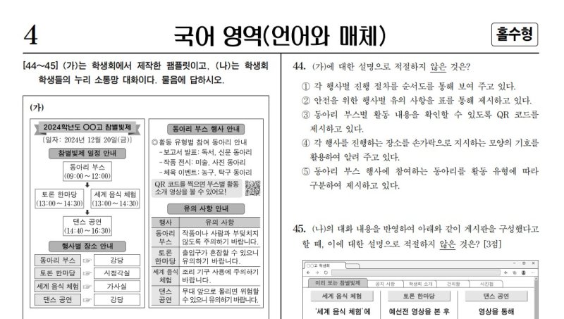 18일까지 한국교육과정평가원(평가원)이 운영하는 2025학년도 대학수학능력시험(수능) 이의신청 게시판에서 가장 많은 이의신청이 제기된 국어 '언어와매체' 44번. 평가원은 오후 6시 이의신청을 종료하고 심사에 돌입했다. 뉴시스