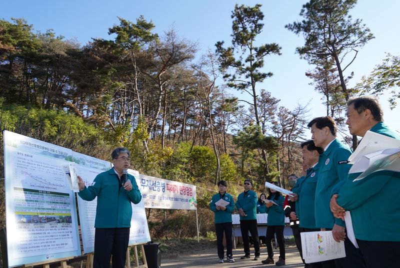 임상섭 산림청장(맨 왼쪽)이 19일 소나무재선충병 극심지역인 경남 밀양 일원에서 방제 전략 등에 대해 설명하고 있다.