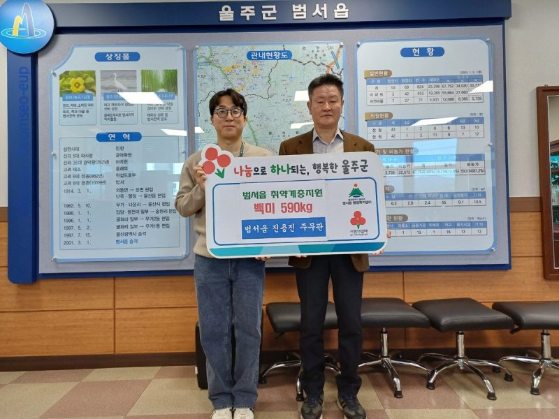 울주군 공무원 진용진 주무관의 의미있는 기부 진용진 주무관(왼쪽)과 박공열 범서읍장.[울주군 제공.재판매 및 DB 금지]