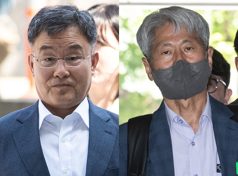 지난 대선 직전 윤석열 대통령의 명예를 훼손할 목적으로 허위 인터뷰를 한 혐의를 받는 화천대유 대주주 김만배 씨(왼쪽)와 신학림 전 언론노조위원장. 2024.6.20/뉴스1 ⓒ News1 유승관 기자