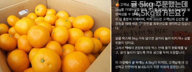 귤을 안전하게 배송하기 위해 5㎏ 상품에 4.5㎏만 담아 보내고 있다는 판매자의 황당한 해명이 공분을 사고 있다. /사진=온라인 커뮤니티 캡처