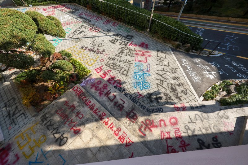 [서울=뉴시스] 김명년 기자 = 24일 오후 서울 성북구 동덕여대 바닥에 남녀공학 전환 반대 래커칠이 돼 있다. 2024.11.24. kmn@newsis.com