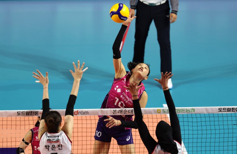 [인천=뉴시스] 김명년 기자 = 12일 오후 인천 삼산월드체육관에서 열린 2024-2025 V리그 여자부 흥국생명과 정관장의 경기, 흥국생명 김연경이 공격을 하고 있다. 2024.11.12. kmn@newsis.com