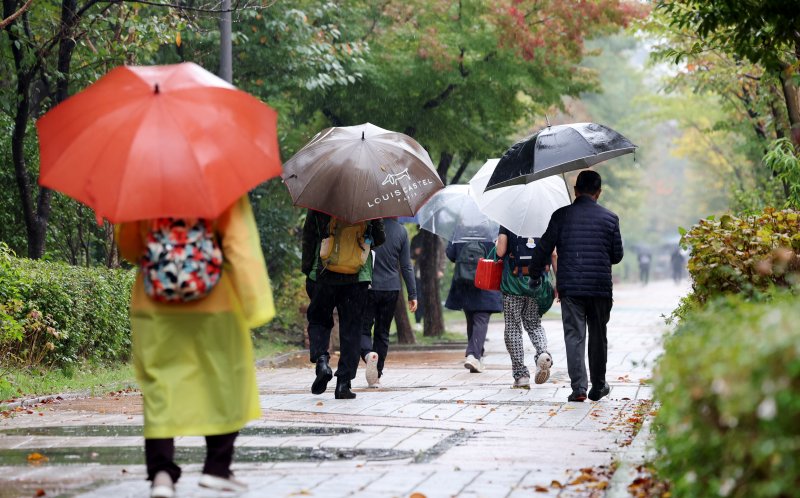 1일 오전 광주전남에 최대 60㎜의 비가 예고된 가운데 광주 서구 상무지구에 시민들이 우산을 쓰고 걸어가고 있다. 2024.11.1/뉴스1 ⓒ News1 김태성 기자