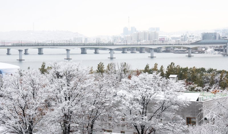 서울 전역에 대설주의보가 발효된 27일 오전 서울 여의도 국회에서 바라본 도심이 하얗게 변해 있다. 뉴스1