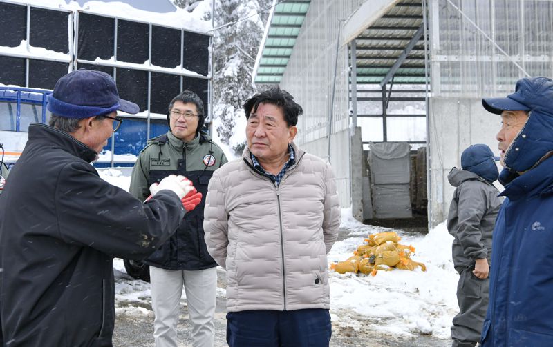 김명기 횡성군수가 지난 28일 폭설 피해를 입은 둔내면 한 축산농가를 방문, 신속한 지원을 지시했다. 횡성군 제공