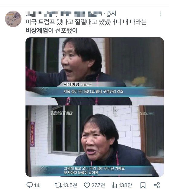 온라인상에서 유명했던 '짤방'을 활용해 비상계엄 국면을 재치있게 표현한 글들이 잇달아 게시됐다. 엑스 캡처