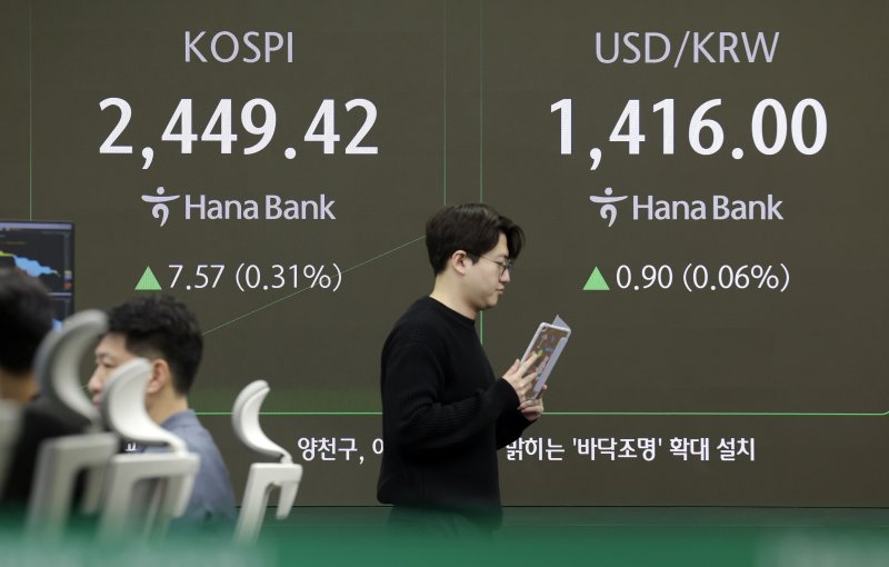 [서울=뉴시스] 최동준 기자 = 코스피가 전 거래일보다 9.75포인트(0.40%) 오른 2451.60으로 출발한 6일 서울 중구 하나은행 딜링룸에서 딜러들이 업무를 보고 있다. 2024.12.06. photocdj@newsis.com /사진=뉴시스