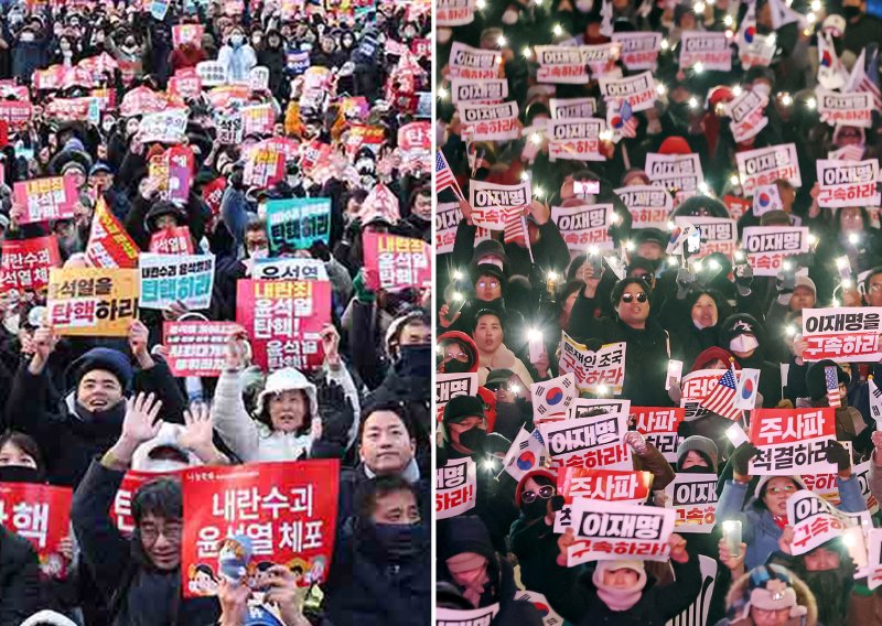 지난 7일 서울 영등포구 여의도 국회의사당 앞에서 열린 '범국민촛불대행진'에서 시민들이 윤석열 대통령의 탄핵소추안 통과를 촉구하며 구호를 외치는 모습(왼쪽). 자유통일당과 대한민국바로세우기 국민운동본부 등 보수단체 회원들이 '김건희 여사 특별법' 부결 소식과 '윤석역 대통령 탄핵안' 부결 전망에 기뻐하고 있는 모습. 2024.12.8 /사진=뉴스1