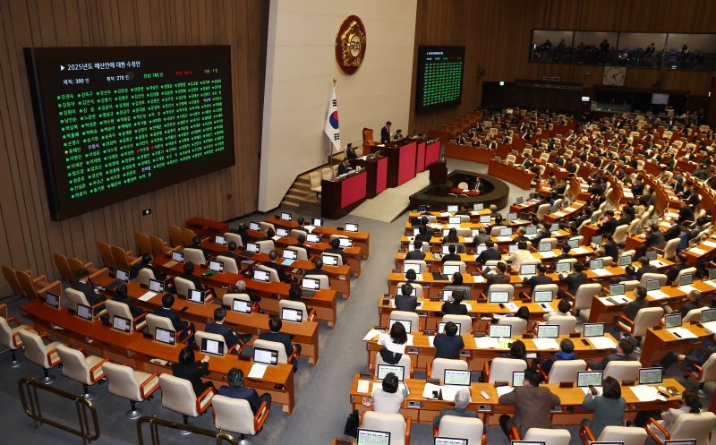 10일 오후 서울 여의도 국회에서 열린 본회의에서 '2025년도 예산안에 대한 수정안'이 재적 300인 중 재석 278인, 찬성 183인, 반대 94인, 기권 1인으로 통과되고 있다. 2024.12.10/뉴스1 ⓒ News1 김민지 기자