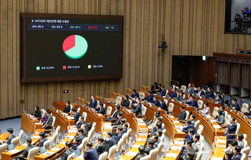 10일 오후 서울 여의도 국회 본회의장에서 열린 제418회국회(정기회) 18차 본회의에서 2025년도 예산안에 대한 수정안이 재적 300인, 재석 278인, 찬성 183인, 반대 94인, 기권 1인으로 통과되고 있다. 2024.12.10/뉴스1 ⓒ News1 안은나 기자