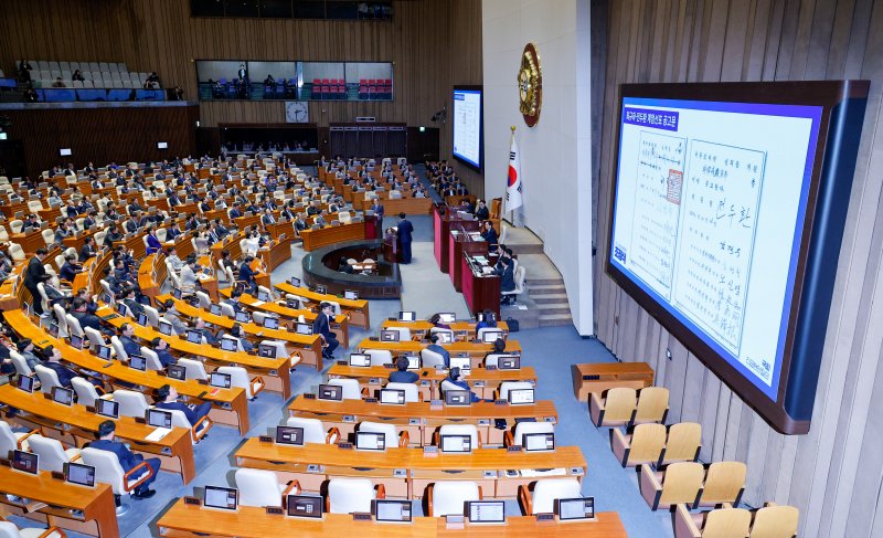 한덕수 국무총리가 13일 오후 서울 여의도 국회에서 열린 제419회국회(임시회) 제3차 본회의에서 조정식 더불어민주당 의원의 윤석열 대통령 위헌적 비상계엄 선포 내란행위 관련 긴급현안질문에 답하는 가운데 화면에 최규하·전두환 계엄선포 공고문이 나오고 있다. 2024.12.13/뉴스1 ⓒ News1 안은나 기자