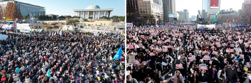 윤석열 대통령에 대한 두 번째 탄핵소추안 국회 표결일인 14일 서울 여의도 국회 앞에는 '윤석열 즉각 퇴진·사회대개혁 비상행동' 주최로 탄핵을 촉구하는 촛불집회(왼쪽)가, 종로구 동화면세점 앞에는 보수성향 단체인 대한민국바로세우기국민운동본부(대국본) 주최로 탄핵을 반대하는 '자유 대한민국 수호 국민혁명대회'가 각각 열리고 있다. 2024.12.14 사진=연합뉴스