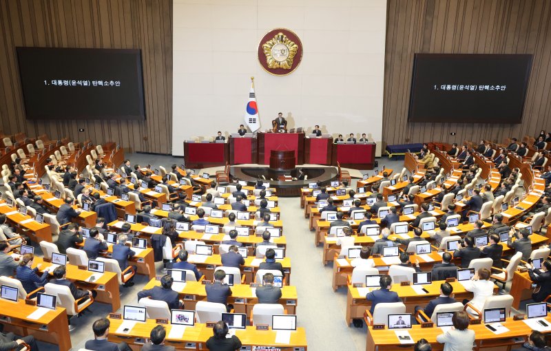 [서울=뉴시스] 고승민 기자 = 14일 서울 여의도 국회에서 윤석열 대통령 탄핵소추안을 안건으로 열린 제419회 국회(임시회) 제4차 본회의에서 탄핵소추안이 가결되고 있다. 2024.12.14. kkssmm99@newsis.com