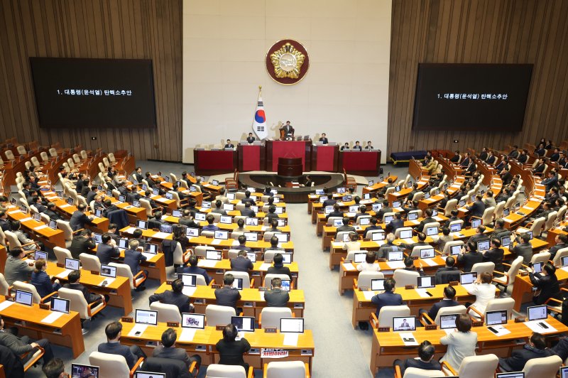 [서울=뉴시스] 고승민 기자 = 14일 서울 여의도 국회에서 윤석열 대통령 탄핵소추안을 안건으로 열린 제419회 국회(임시회) 제4차 본회의에서 탄핵소추안이 가결되고 있다. 2024.12.14. kkssmm99@newsis.com