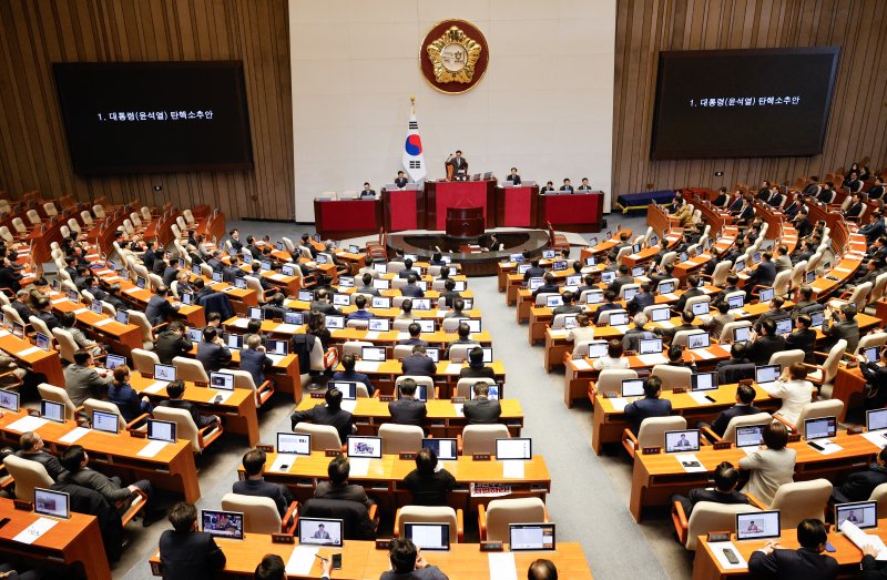 우원식 국회의장이 14일 오후 서울 여의도 국회에서 열린 제419회국회(임시회) 제4차 본회의에서 윤석열 대통령 탄핵소추안 가결을 알리고 있다. 2024.12.14/뉴스1 ⓒ News1 안은나 기자