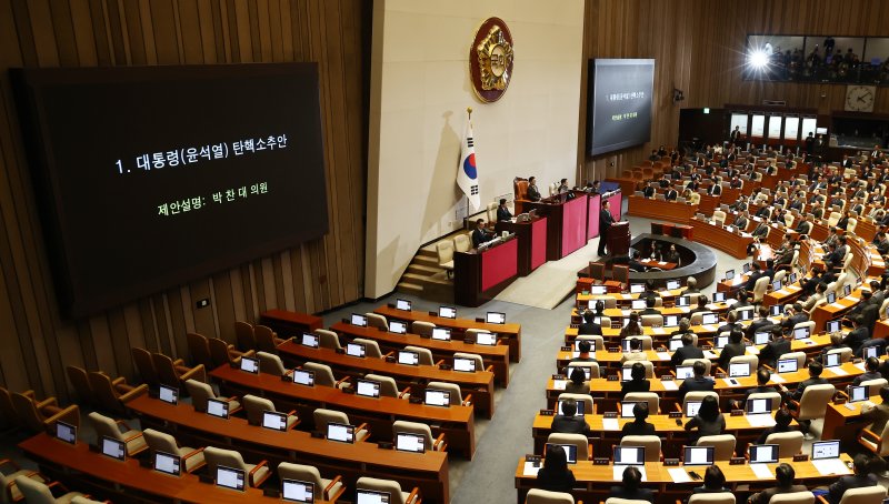 박찬대 더불어민주당 원내대표가 14일 오후 서울 여의도 국회에서 열린 윤석열 대통령 탄핵소추안 관련 제419회국회(임시회) 제4차 본회의에서 제안설명을 하고 있다. 2024.12.14/뉴스1 ⓒ News1 김민지 기자