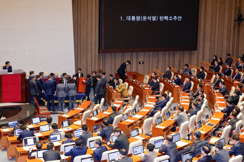 14일 오후 서울 여의도 국회에서 열린 제419회국회(임시회) 제4차 본회의에서 감표 위원들이 윤석열 대통령 탄핵소추안 투표함을 열고 있다. 12·3 비상계엄 사태 열하루 만인 이날 윤 대통령 탄핵소추안은 재석 300명 중 찬성 204명, 반대 85명, 기권 3명, 무효 8명으로 통과됐다. 2024.12.14/뉴스1 ⓒ News1 안은나 기자
