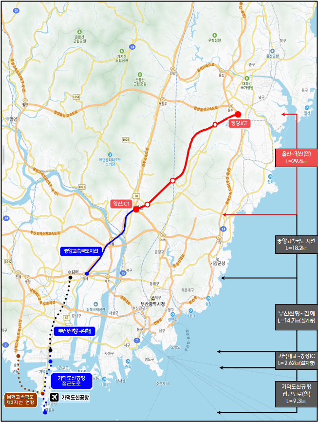 울산~ 가덕도신공항 연결을 위한 울산~양산 고속도로 위치도