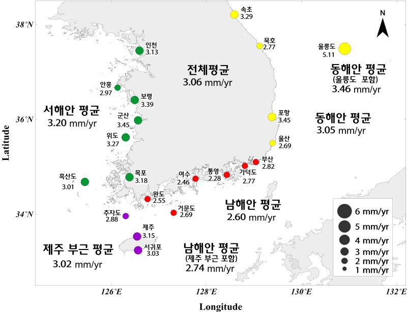 최근 35년간 해수면 상승 분포도./