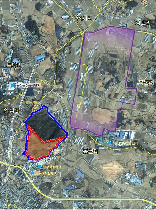 토지거래허가구역 지정된 충남 논산시 연무읍 동산리 일원 위치도.