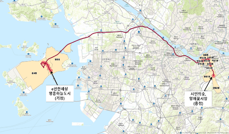 인천 중구 e편한세상영종하늘도시~시민의숲,양재꽃시장 M버스 노선도. 국토교통부 제공