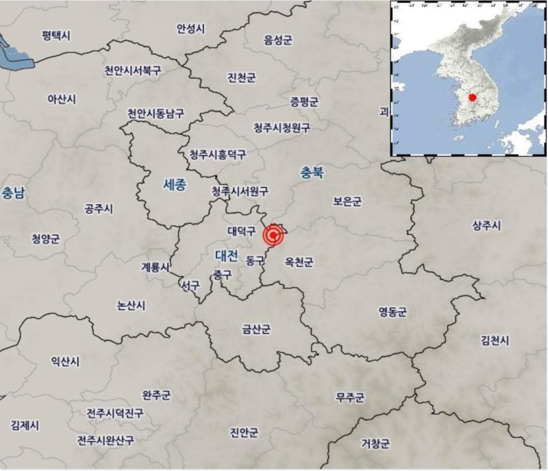 22일 오후 대전 동구 지진 발생 위치.(기상청 누리집 갈무리)