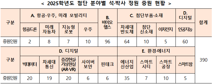 2025학년도 첨단 분야별 석·박사 정원 증원 현황. 교육부 제공