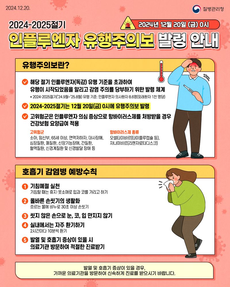 전남도는 질병관리청에서 지난 20일 인플루엔자 유행주의보를 발령해 인플루엔자 예방을 위해 백신 접종 및 개인예방수칙 준수 등 각별한 주의와 관심이 절실하다고 25일 밝혔다. 전남도 제공