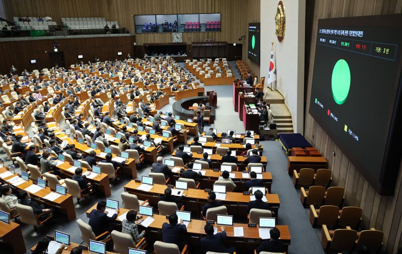 26일 오후 서울 여의도 국회에서 열린 본회의에서 인공지능 발전과 신뢰 기반 조성 등에 관한 기본법안(AI기본법)이 통과되고 있다. 뉴시스