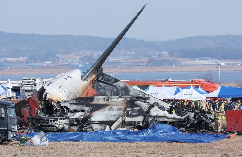 29일 오전 9시 3분께 전남 무안국제공항에서 181명이 탑승한 여객기가 추락해 소방대원들이 사고 수습 작업을 하고 있다. /사진=뉴스1